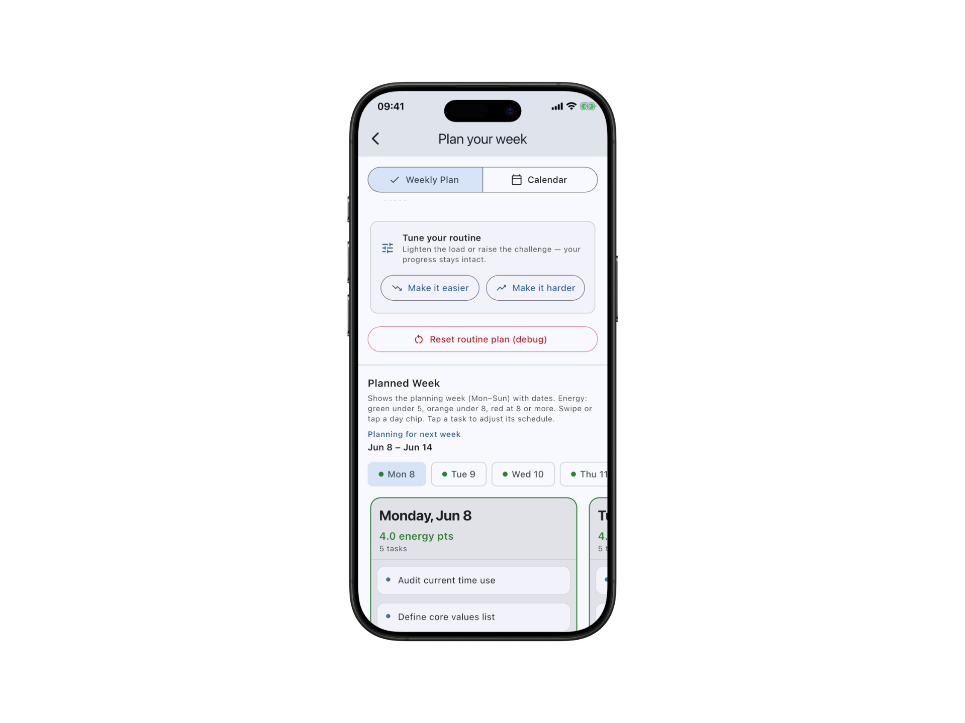 Leonality weekly planning screen with scheduled tasks