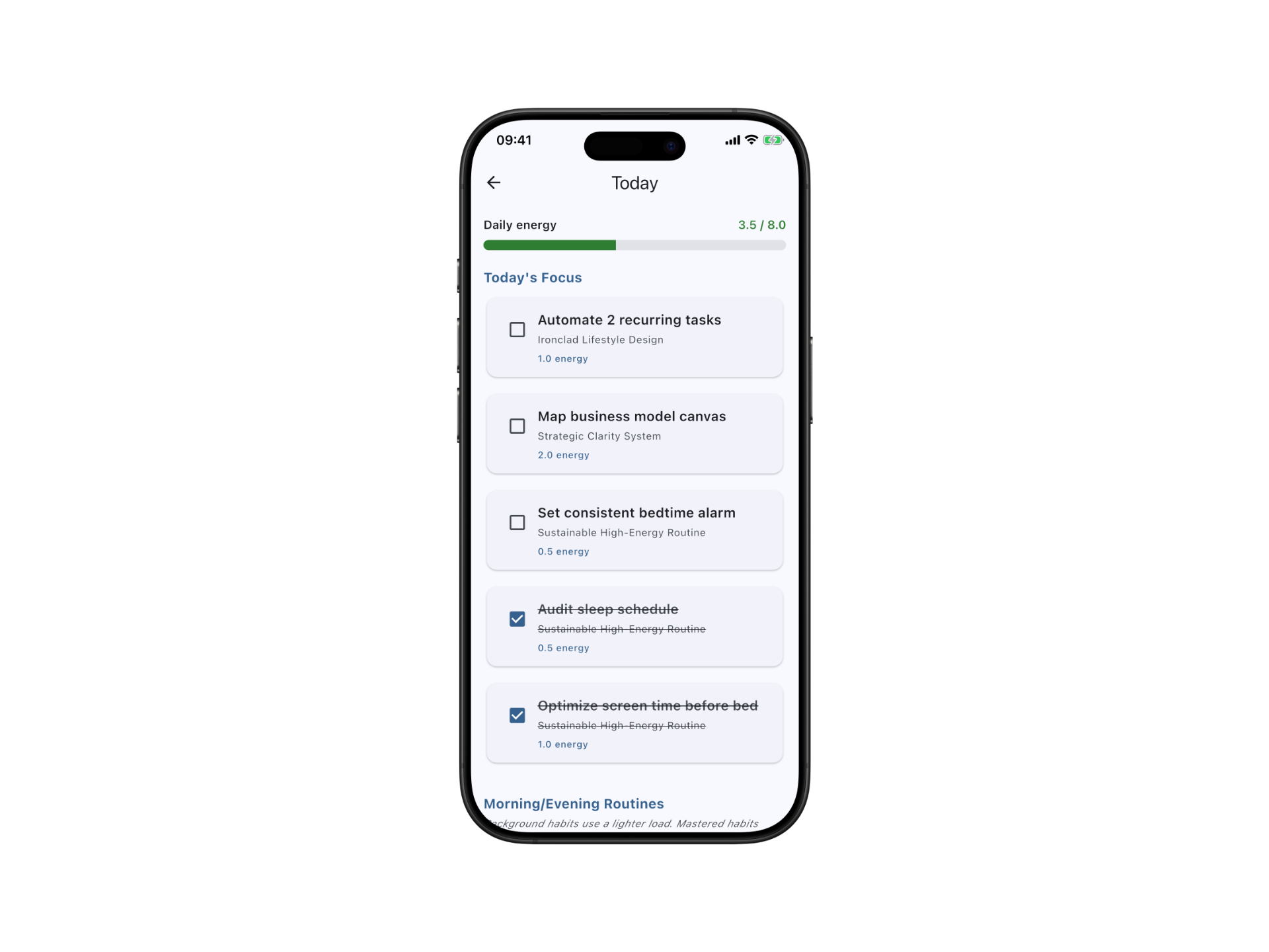 Leonality Today view with focus tasks and completed actions